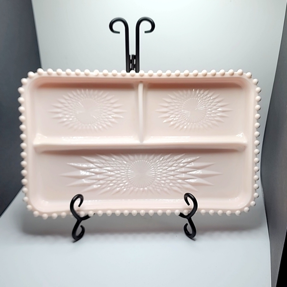 Milk Glass Pink Divided Serving Relish Dish Rare Vintage
